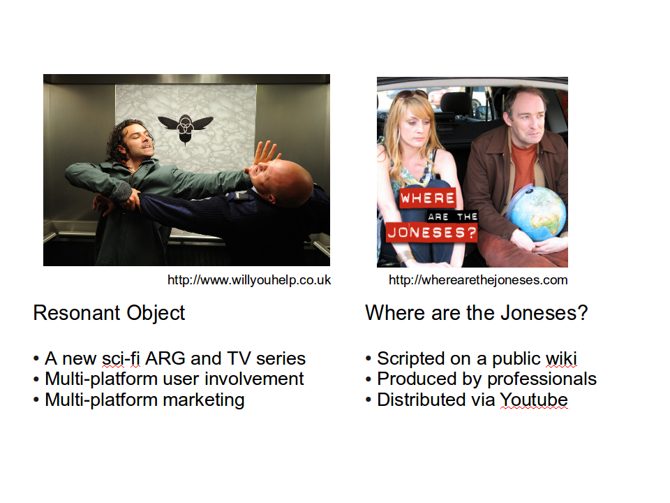 Resonant Object (ARG) and Where are the Joneses (UGC)