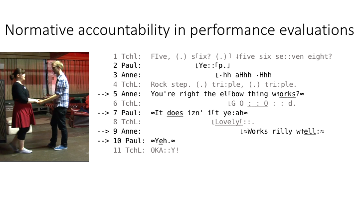 A slide from the talk showing some of the normative dimensions of accountability that emerge through students' terminal performance evaluations and how they're involved in teachers' routine, terminal assessments. 